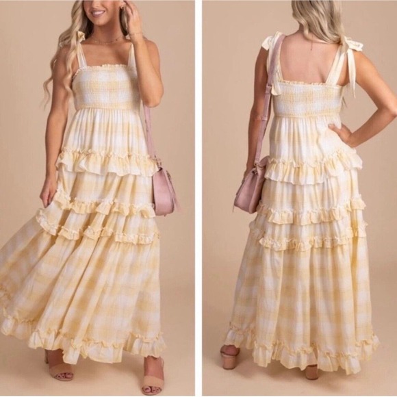 Storia Dresses & Skirts - Storia Sunny Days Tiered Layered Plaid Ruffle Smocked Maxi‎ Dress NWT Sz M